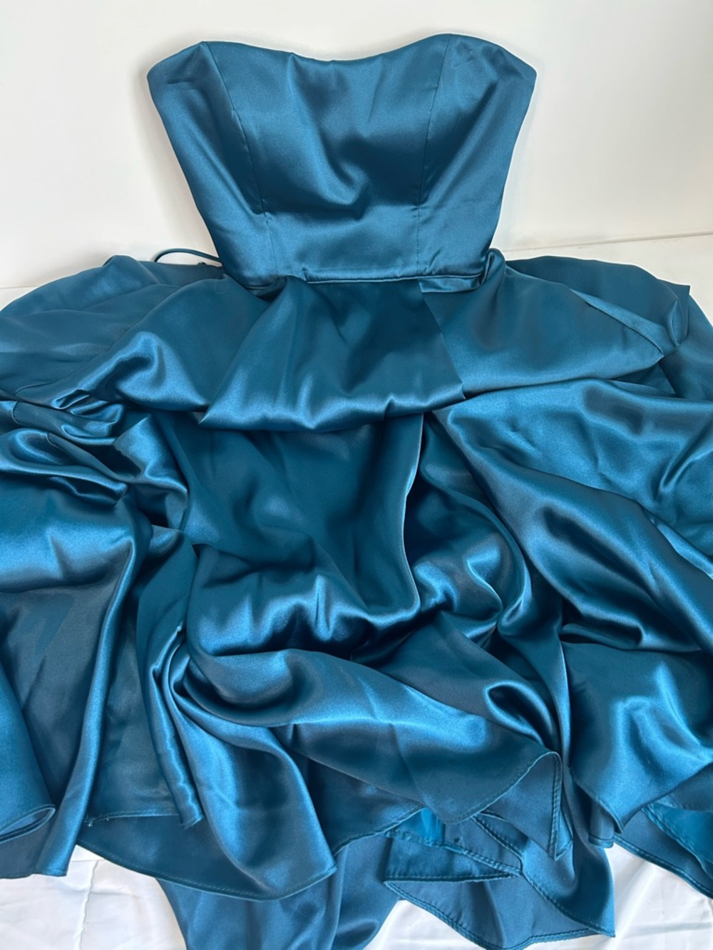 Betsy Adam Strapless Teal Satin Formal Gown Size 4 Corset Bodice Full A-Line